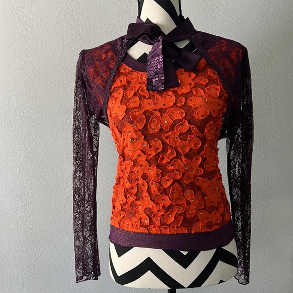 VINTAGE 90S RETRO ORANGE PURPLE LACE THREE PIECE TOP SKIRT - Picture 13 of 16